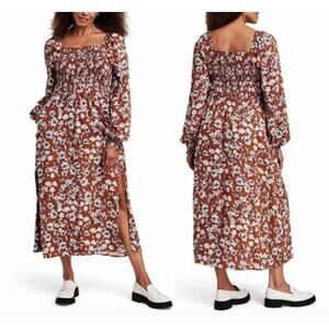 La Ligne x Target Floral Print Smocked Brown Midi Dress Size Small NEW